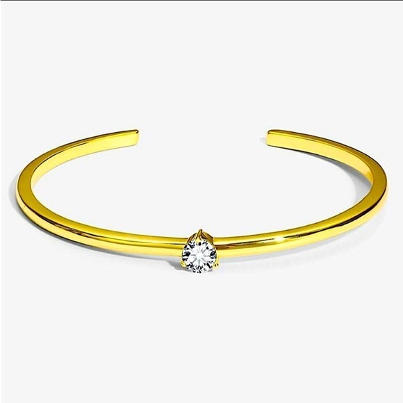 Gold Solitaire Zircon Cuff Bangle Simple Plain Adjustable Bracelet - Picture 1 of 8